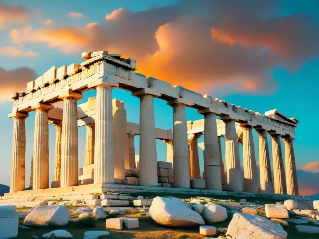 Ruinas del Partenón en Atenas al atardecer, mostrando columnas dóricas contra cielo vibrante