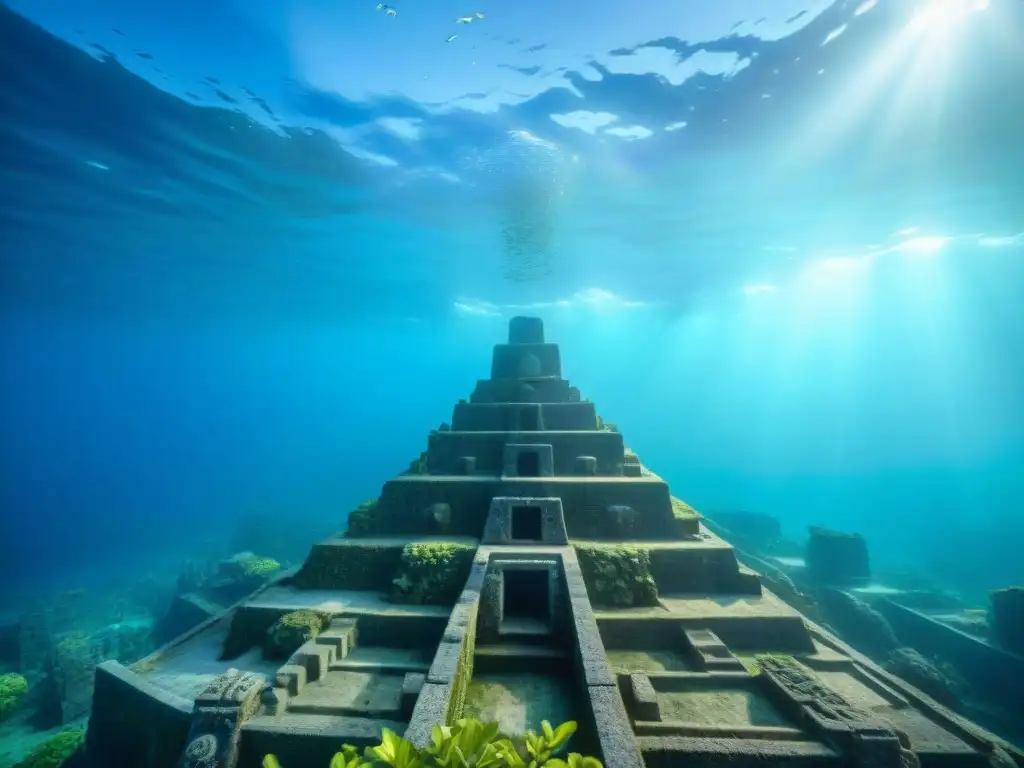 Ruinas submarinas en Yonaguni: estructuras de piedra con grabados rodeadas de vida marina, enigmática belleza de la ciudad sumergida Yonaguni Lemuria