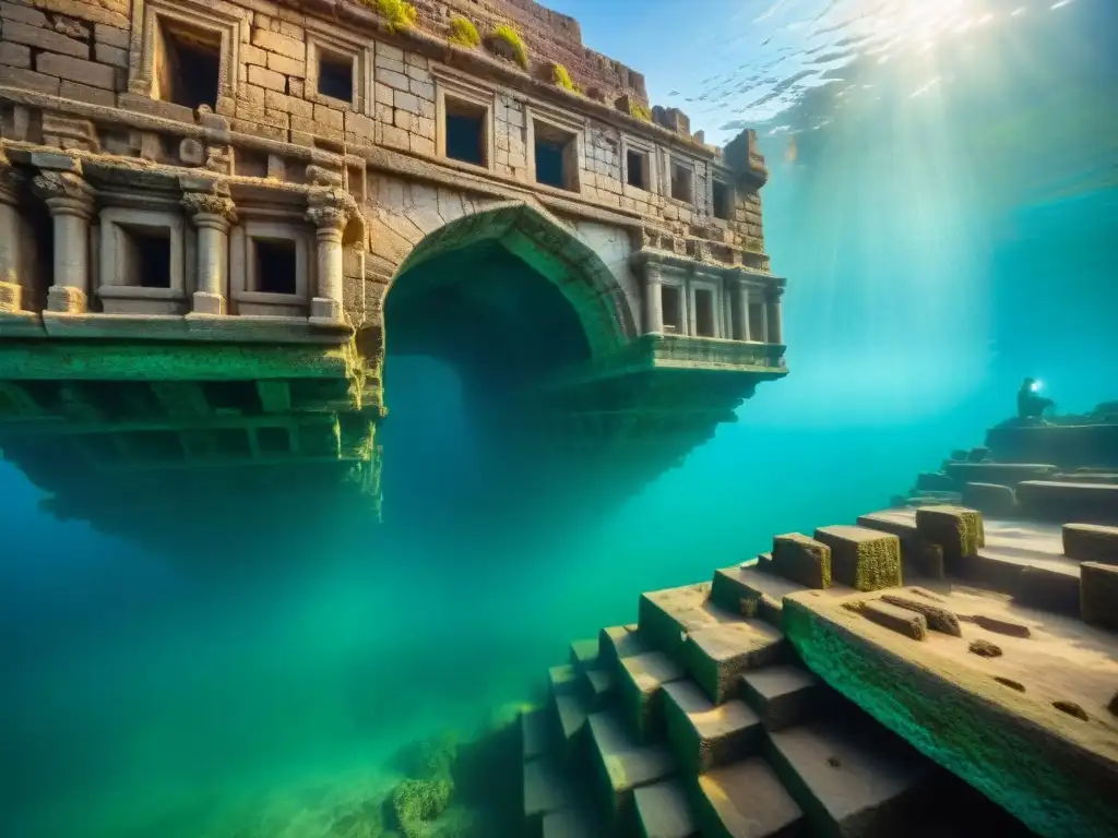 Ruinas submarinas de Dwarka, con estructuras de piedra cubiertas de vida marina bajo aguas cristalinas