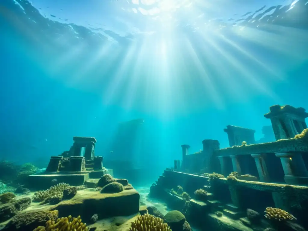 Ruinas sumergidas de antiguos templos, con columnas talladas y vida marina, iluminadas por rayos de sol en la ciudad subacuática