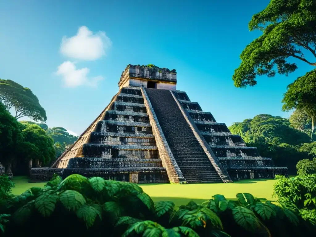 Ruinas de templo maya con intrincadas esculturas de piedra y vegetación exuberante