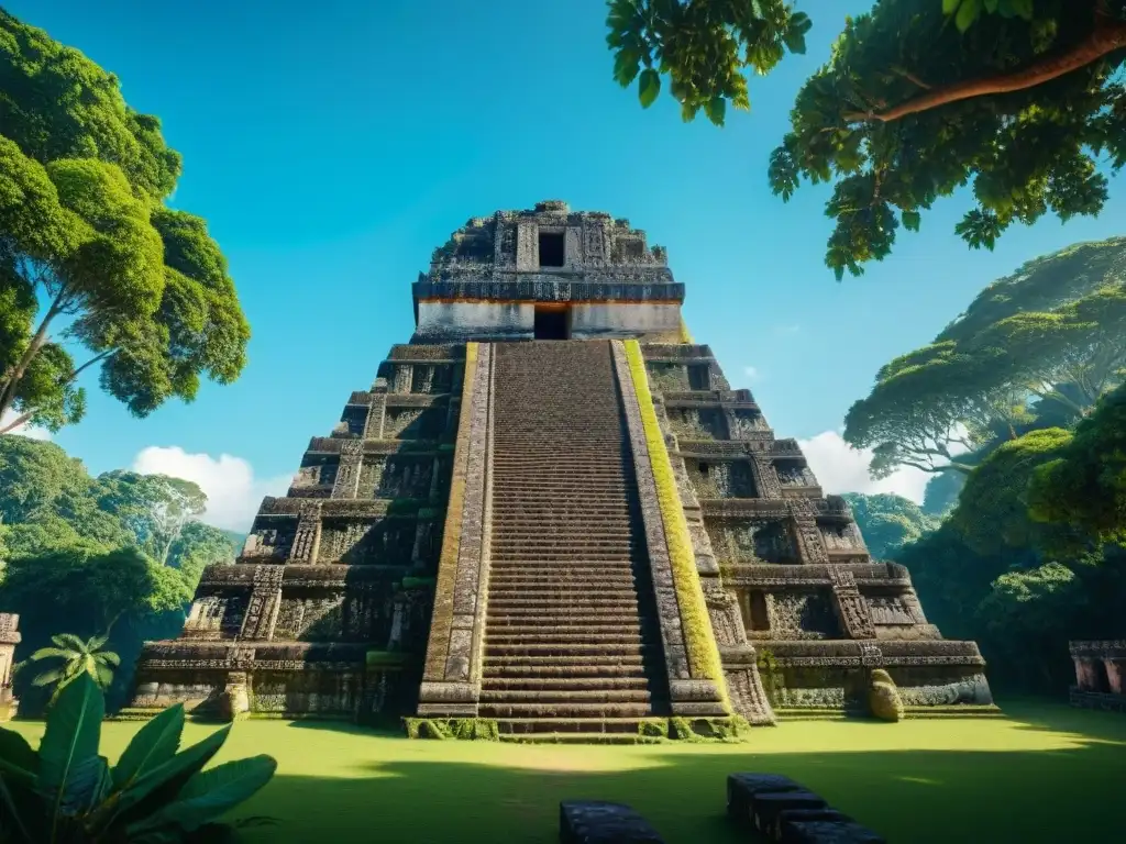 Ruinas de templo maya rodeadas de exuberante jungla, con detalles arquitectónicos y jeroglíficos visibles, bajo cielo azul claro