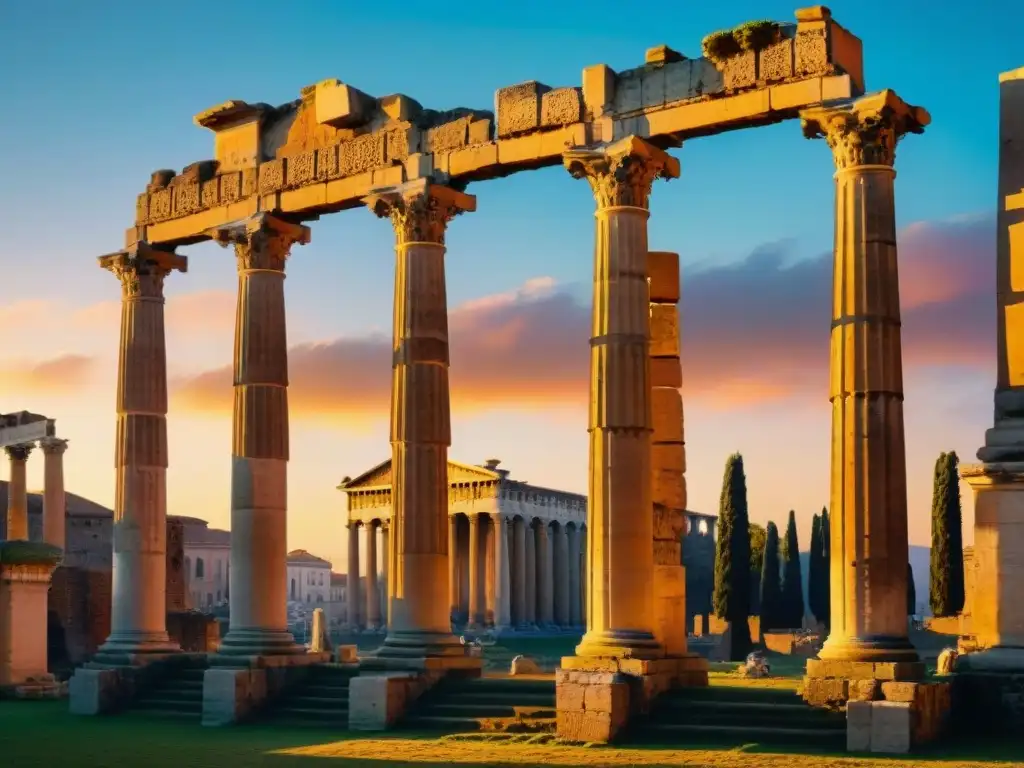 Ruinas de templo romano al atardecer, simbolizando el calendario festividades romanas esotérico