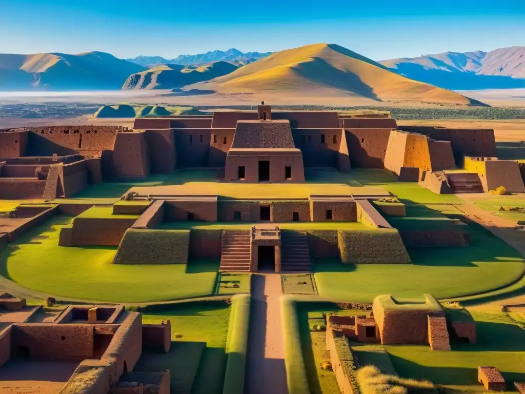 Ruinas de Tiwanaku ciudad antigua puerto espacial con imponentes Andes al fondo, bajo cielo azul