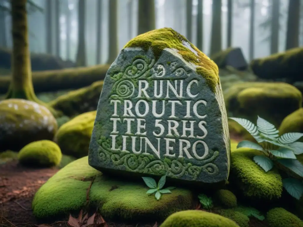 Runa nórdica ancestral cubierta de musgo y líquenes en un bosque, practica ancestral adivinación