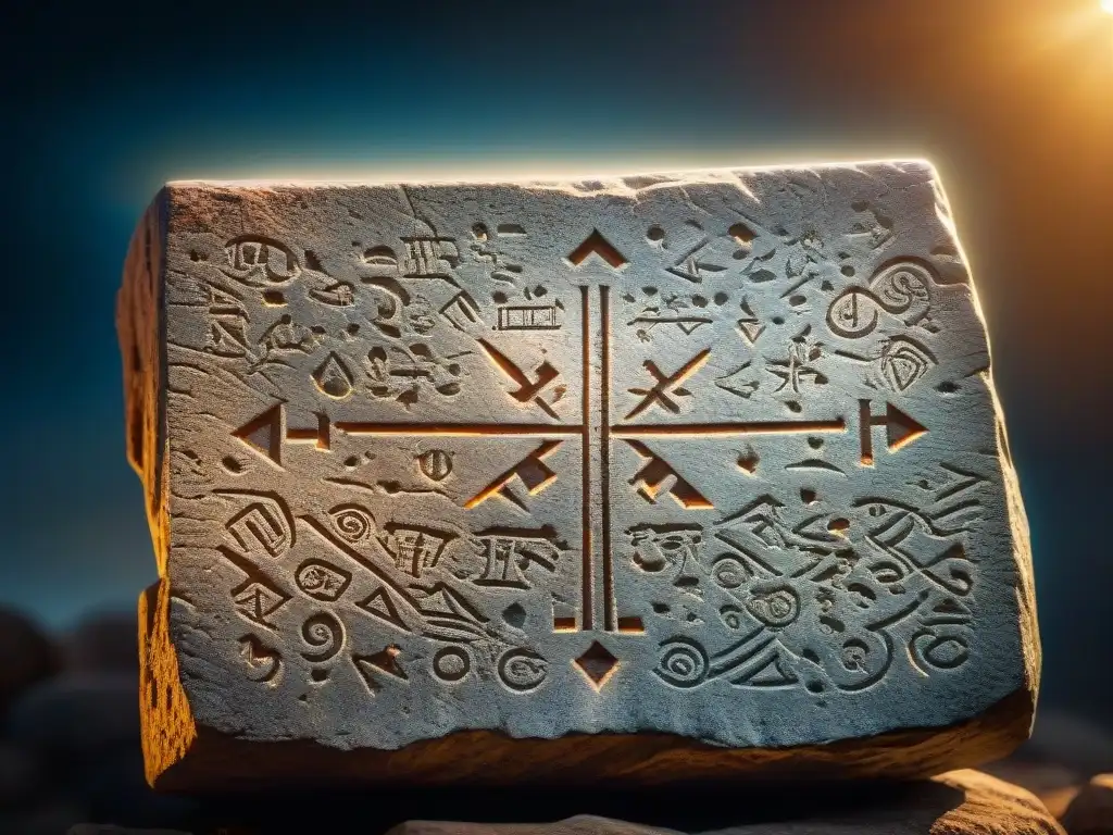 Runas nórdicas en piedra iluminadas por el sol crepuscular, evocando práctica ancestral de adivinación