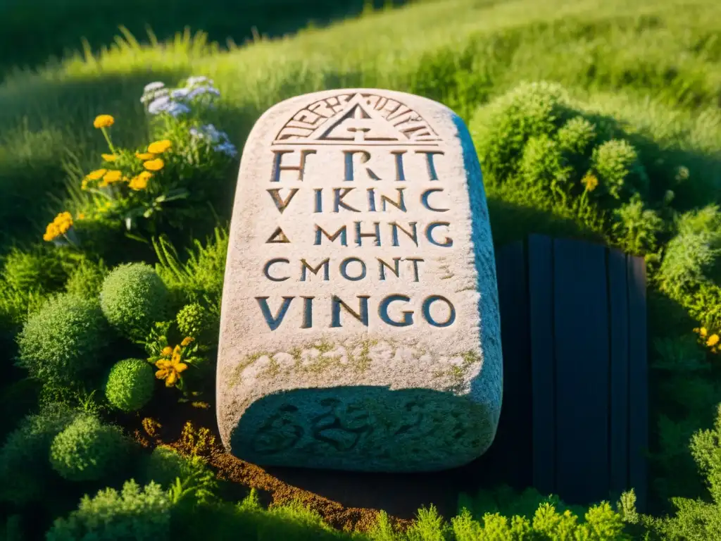 Runas vikingas significado y uso: Antigua runa vikinga en prado verde, con inscripciones y aura mística