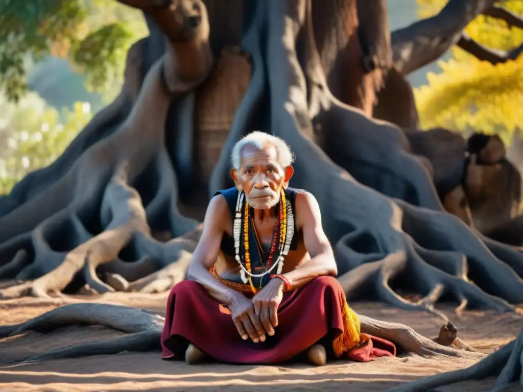 Un sabio anciano indígena cuenta tradiciones orales sobre ciclo vida bajo un árbol ancestral iluminado por la luz de la hoguera