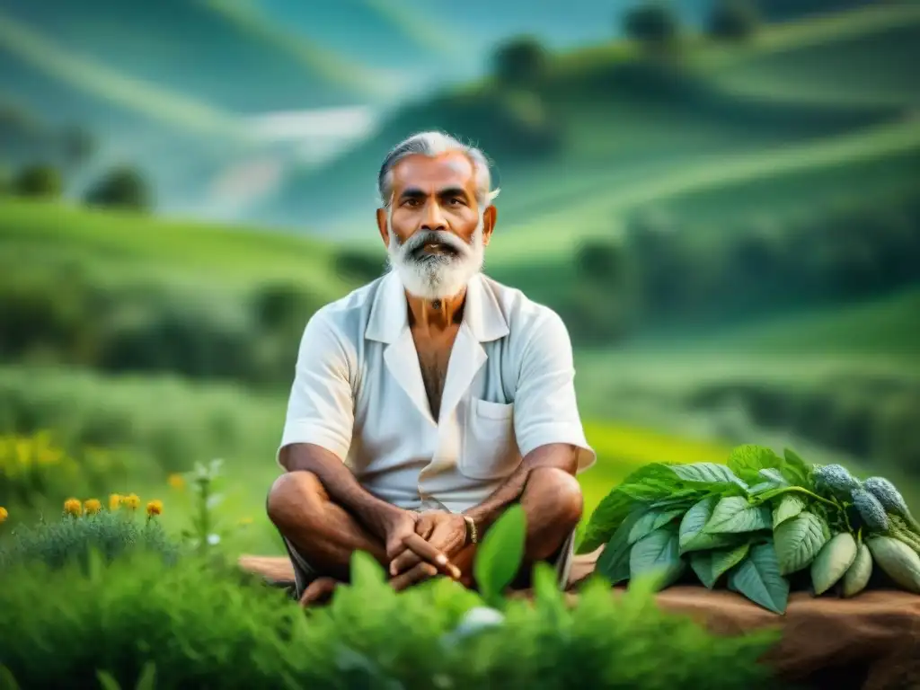 Sabio ayurvédico preparando remedio herbal en campo verde