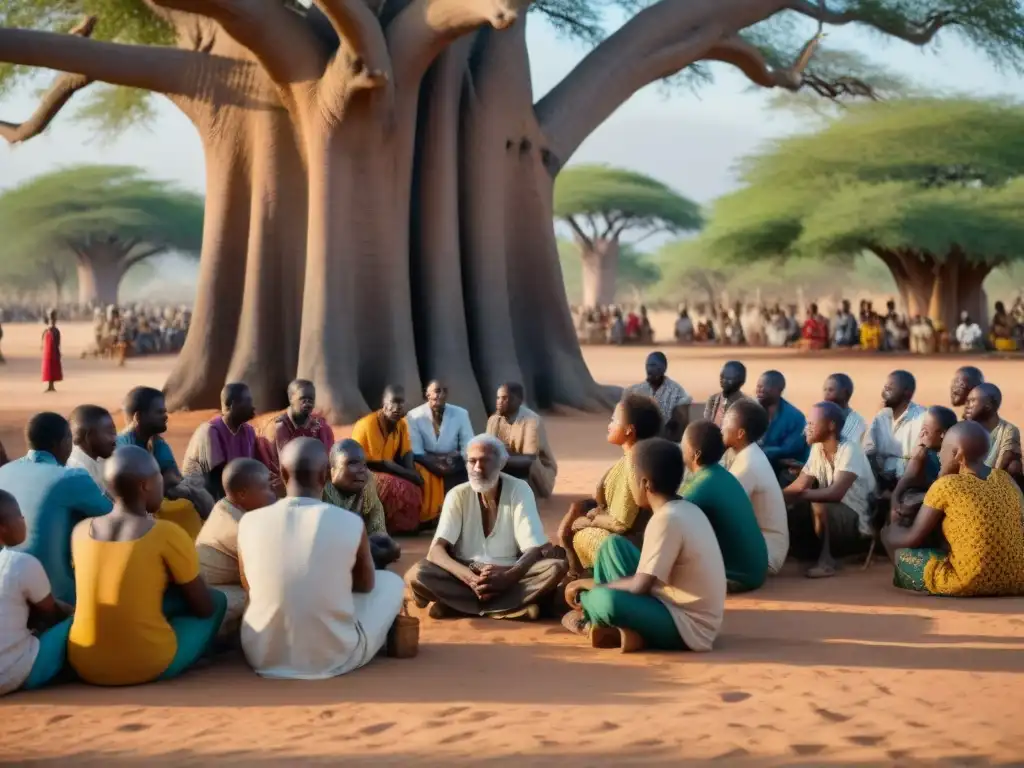 Un sabio griot comparte historias bajo un baobab en África Occidental, transmitiendo la importancia de la tradición oral