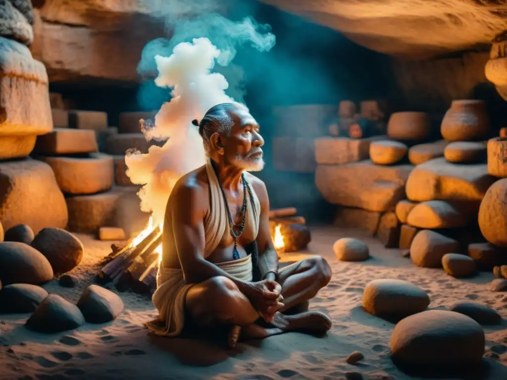 Un sabio maya en meditación en una cueva iluminada por antorchas, reflejando duelo y aceptación