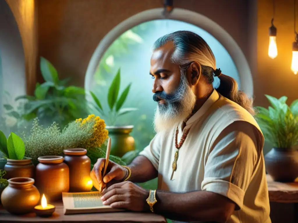 Un sabio sanador Ayurveda en un místico santuario con hierbas y textos antiguos