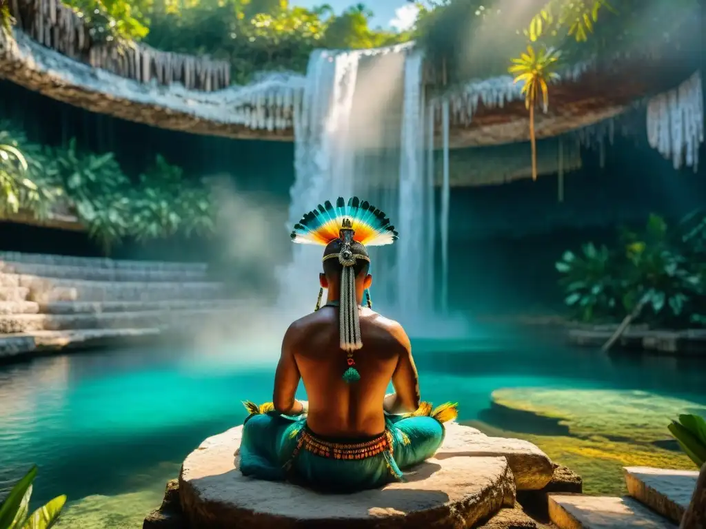 Un sacerdote azteca realiza un ritual de purificación en un cenote, rodeado de naturaleza exuberante y esculturas de piedra