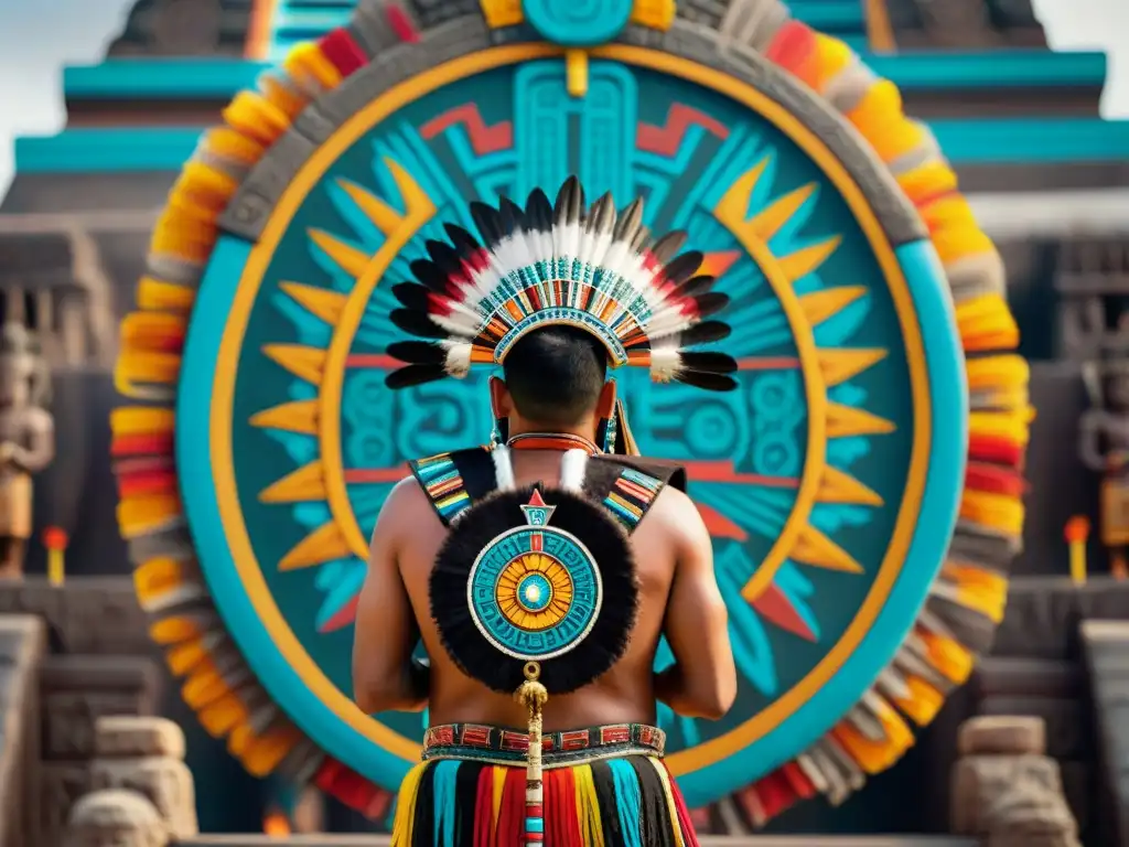 El sacerdote azteca realiza un ritual frente al Calendario Azteca, simbolizando la rica cultura y religión de la civilización azteca