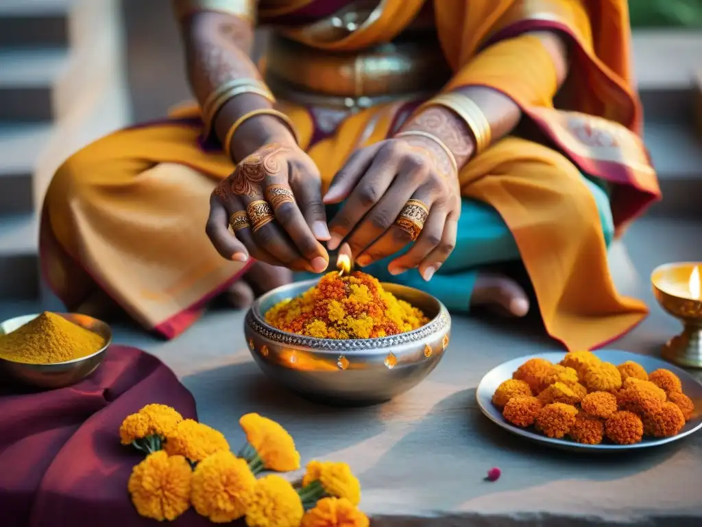 Un sacerdote hindú adorna con henna sus manos mientras coloca flores en un cuenco como ofrenda