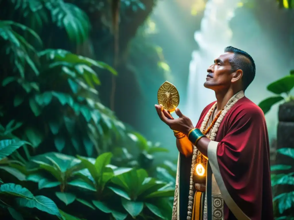 Un sacerdote maya en ceremonia con cacao dorado bajo rayo de sol en la selva, revelando el significado espiritual del chocolate en culturas antiguas