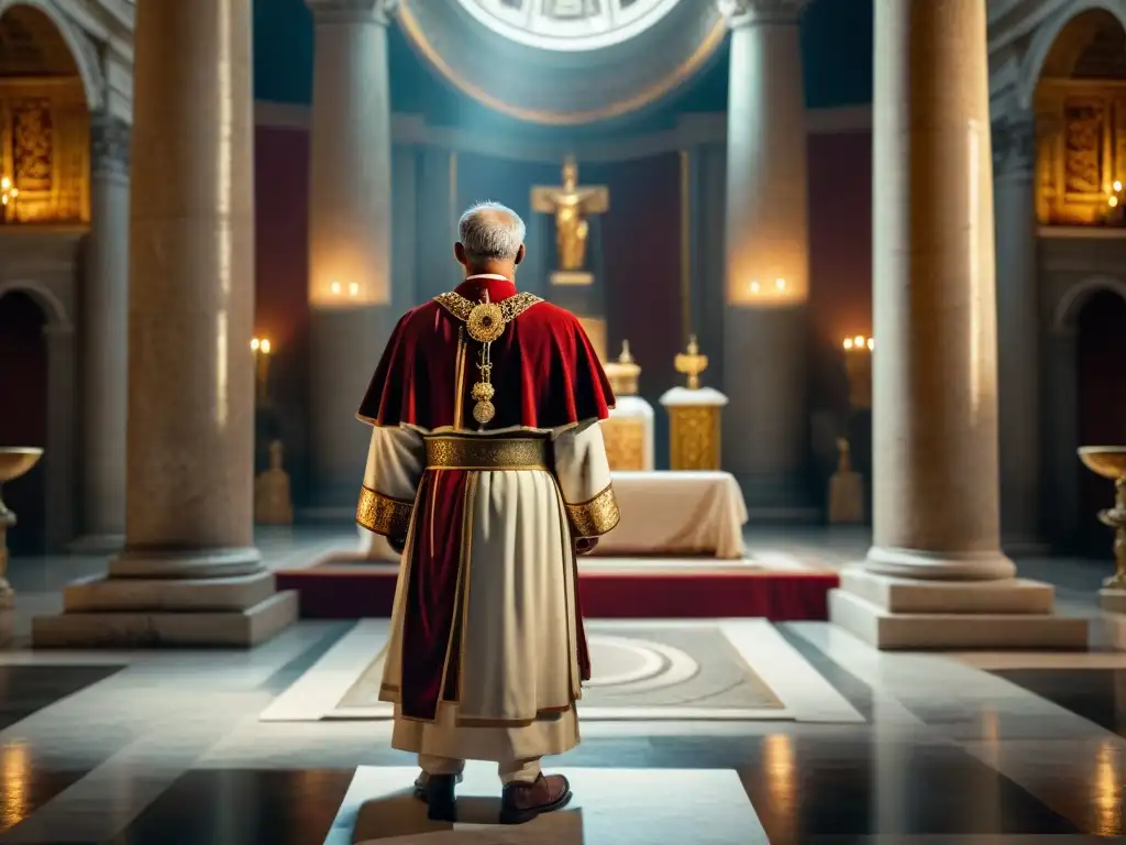 Un sacerdote romano en un templo antiguo, con vestimentas simbólicas y significado oculto