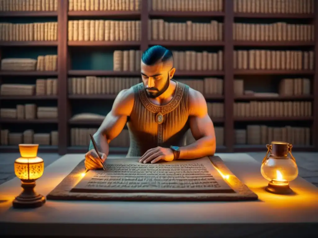 Sacerdote escribiendo en tableta de arcilla en biblioteca antigua de Mesopotamia, iluminado por lámpara de aceite