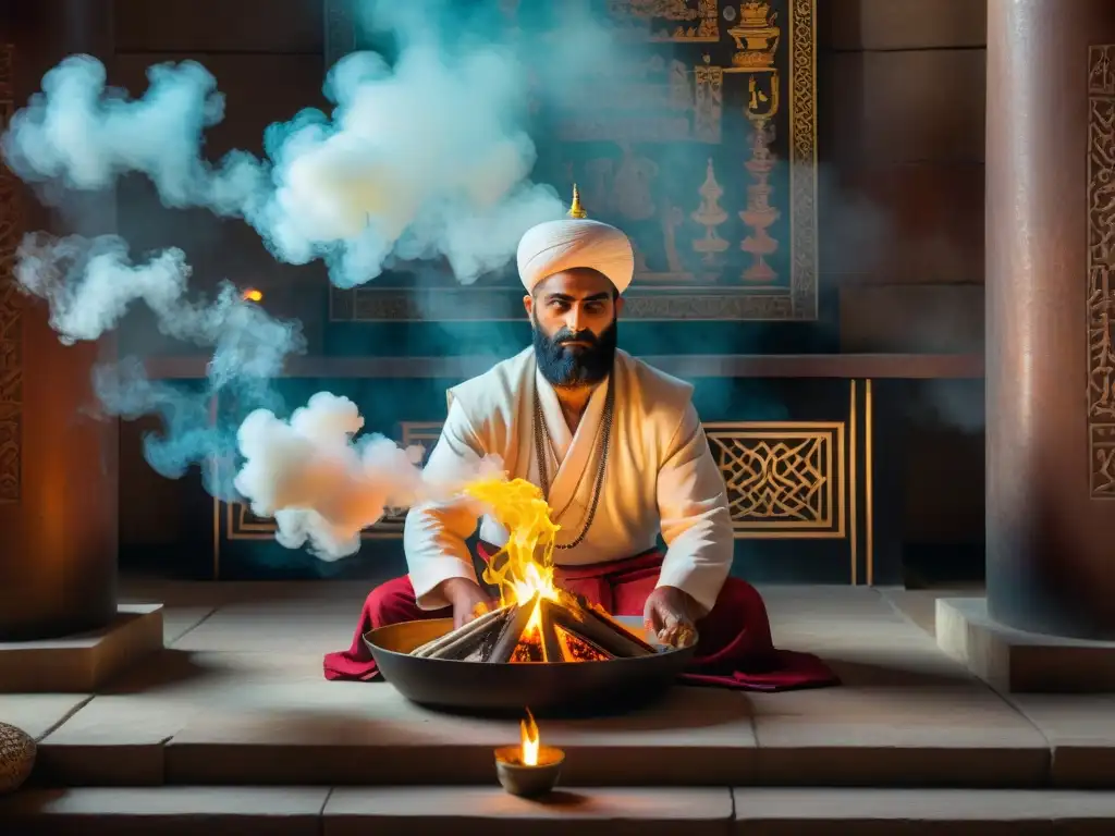 Un sacerdote zoroástrico en un ritual de fuego en Persia, añadiendo hierbas aromáticas al altar sagrado en un templo iluminado débilmente