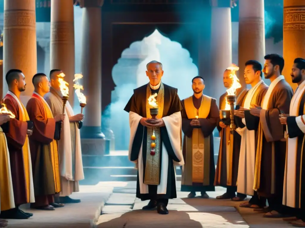 Sacerdotes empoderados por la piedra topacio en ritual sagrado en templo iluminado