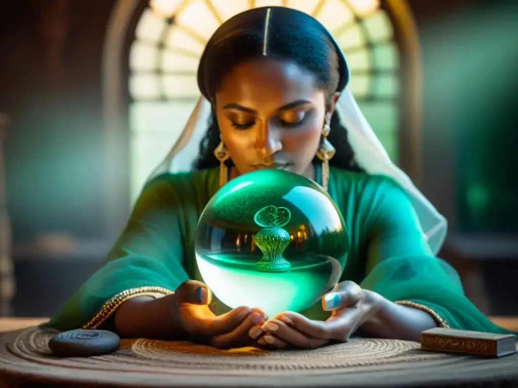 Una sacerdotisa antigua concentra su mirada en una bola de cristal de berilo verde, rodeada de símbolos místicos