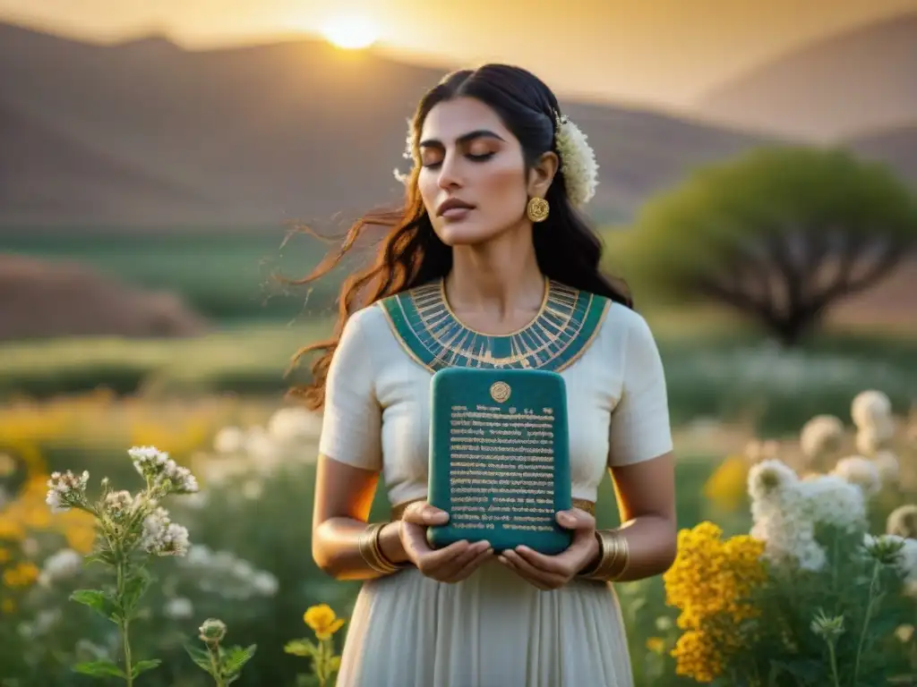 Una sacerdotisa mesopotámica en ritual de fertilidad, danzando en un campo florido al atardecer