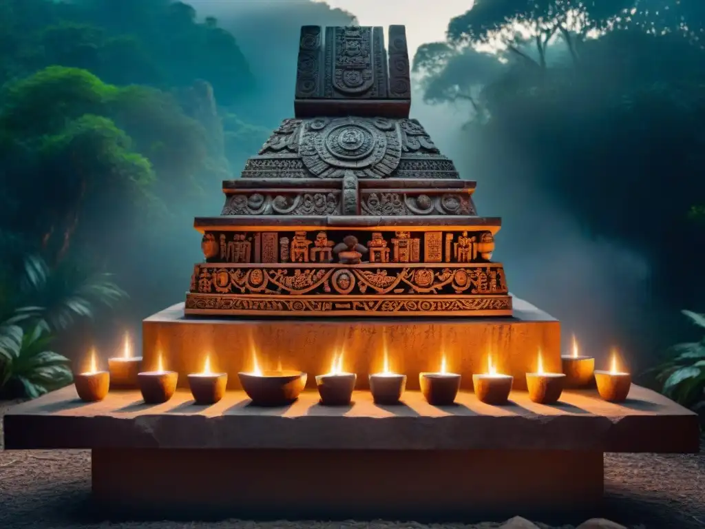 Sacrificios humanos en Mesoamérica: detallado altar mesoamericano en la selva al atardecer, con símbolos de deidades y rituales sangrientos