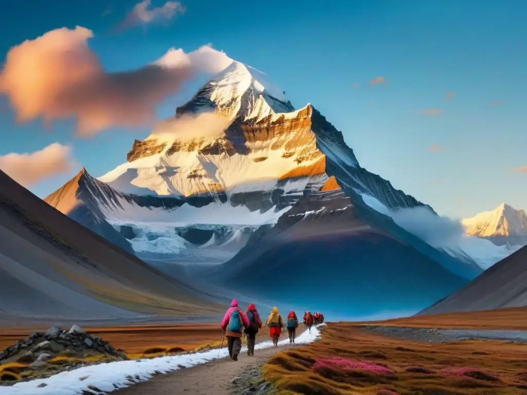 La Montaña Sagrada Picos Espirituales: majestuoso Monte Kailash al amanecer, envuelto en aura mística