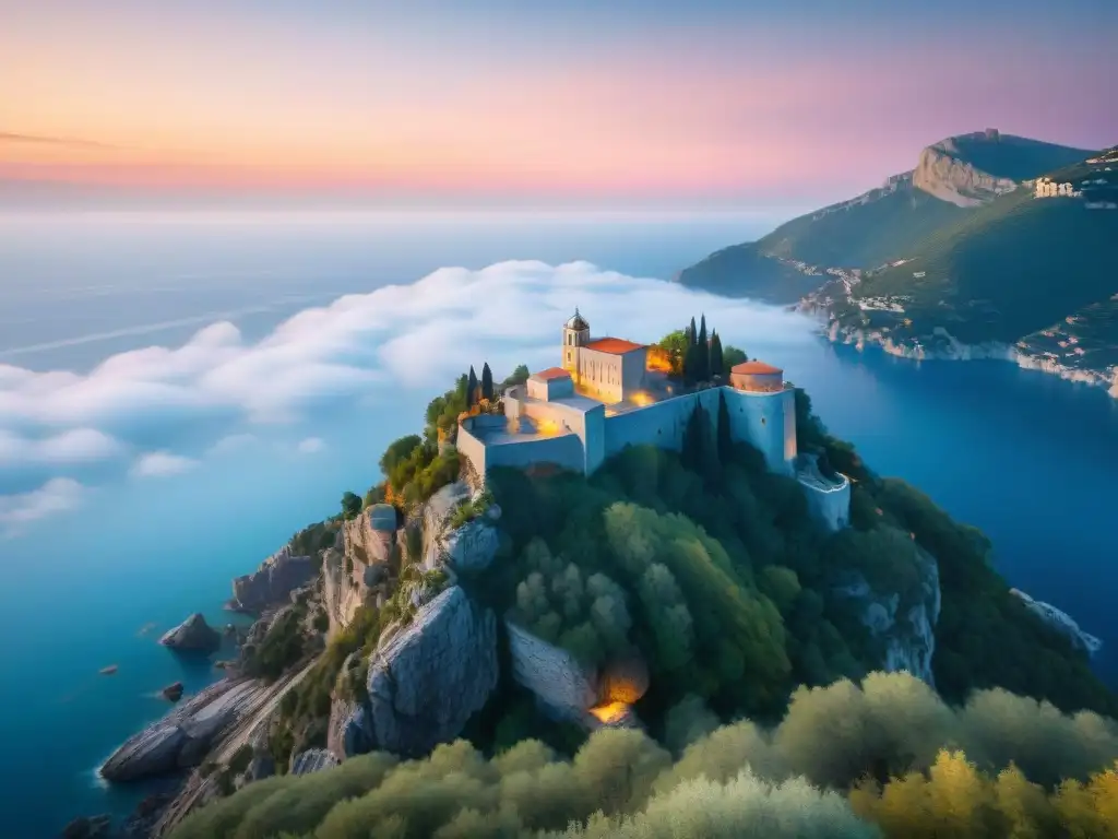 La Montaña Sagrada despierta con la primera luz del alba, iluminando los antiguos monasterios en los altos acantilados