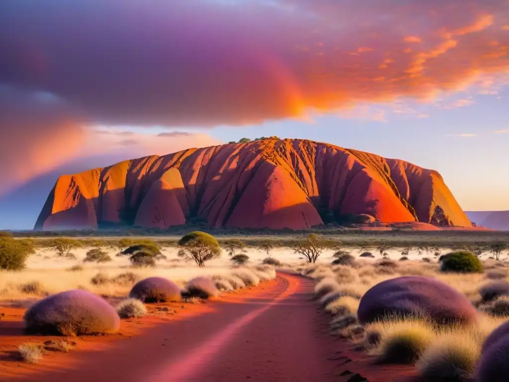 Montaña Sagrada Uluru al amanecer, con tonos rojizos y cielo pintado en rosa y morado