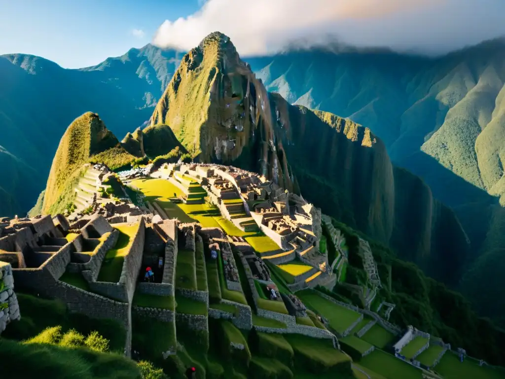 Restauración Machu Picchu Espíritu Sagrado: Equipo de conservacionistas restaurando una pared de piedra antigua en Machu Picchu al atardecer