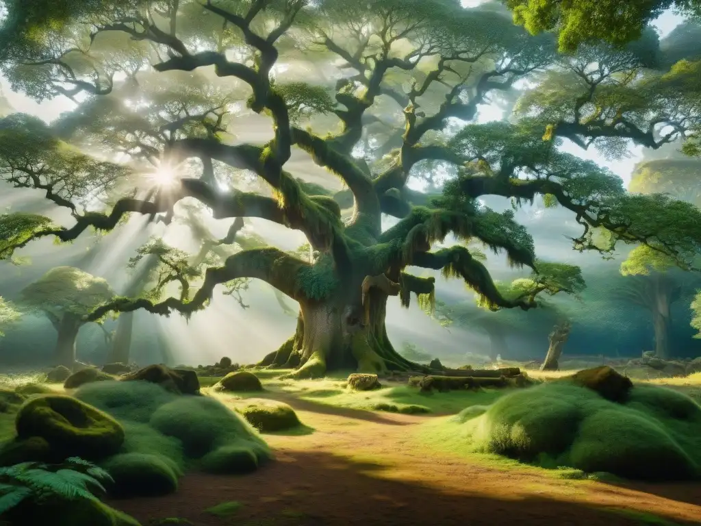 En el bosque sagrado, un majestuoso roble antiguo se alza, sus ramas retorcidas se extienden como dedos hacia el cielo