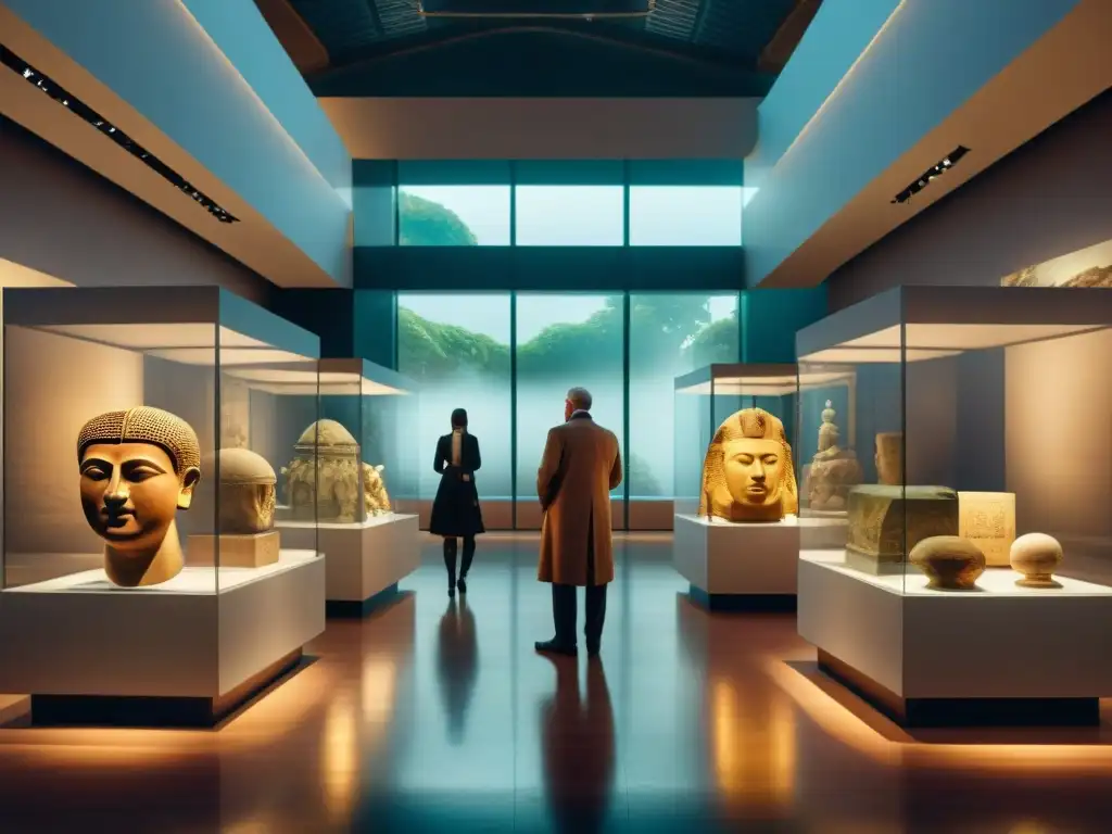 Una sala de exposiciones de museo iluminada con tenue luz, exhibiendo artefactos de civilizaciones antiguas