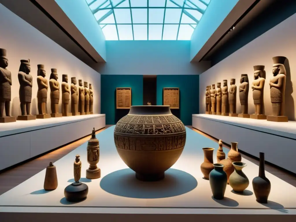 Una sala de exposiciones en un museo, llena de artefactos de civilizaciones antiguas