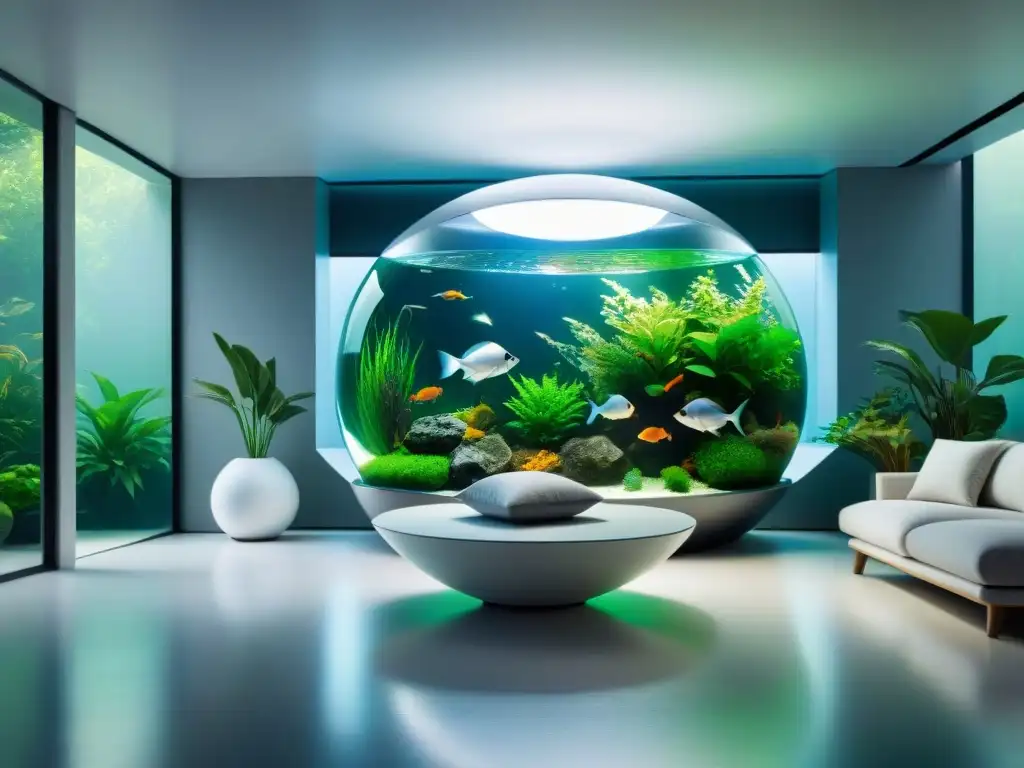 Una sala minimalista con muebles futuristas en tonos plateados y blancos