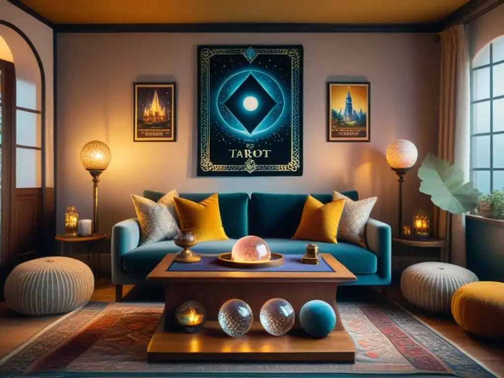 Sala mística con decoración tarot: sofá de terciopelo, cojines ilustrados, mesa con bola de cristal y cartas tarot, y tapiz en la pared