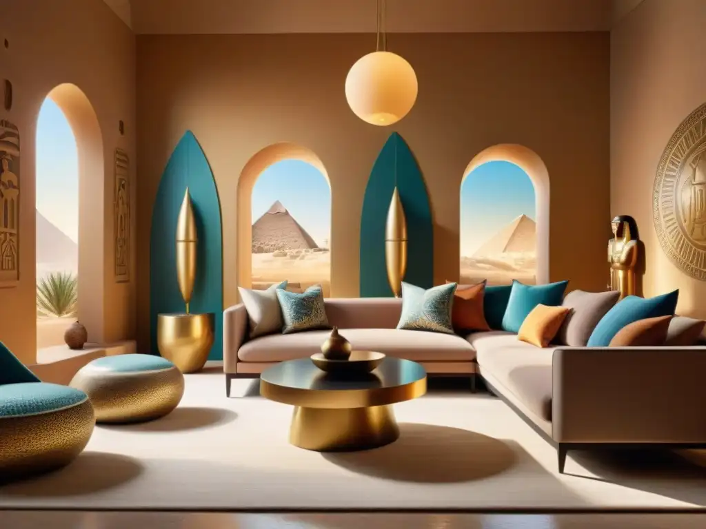 Una sala moderna con muebles elegantes y vibrantes paletas de colores inspiradas en Egipto, detalles dorados y esculturas geométricas