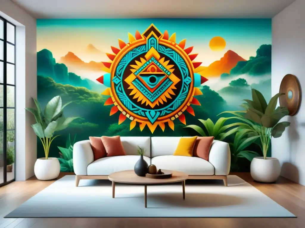 Una sala moderna con mural de símbolos aztecas y elementos Feng Shui