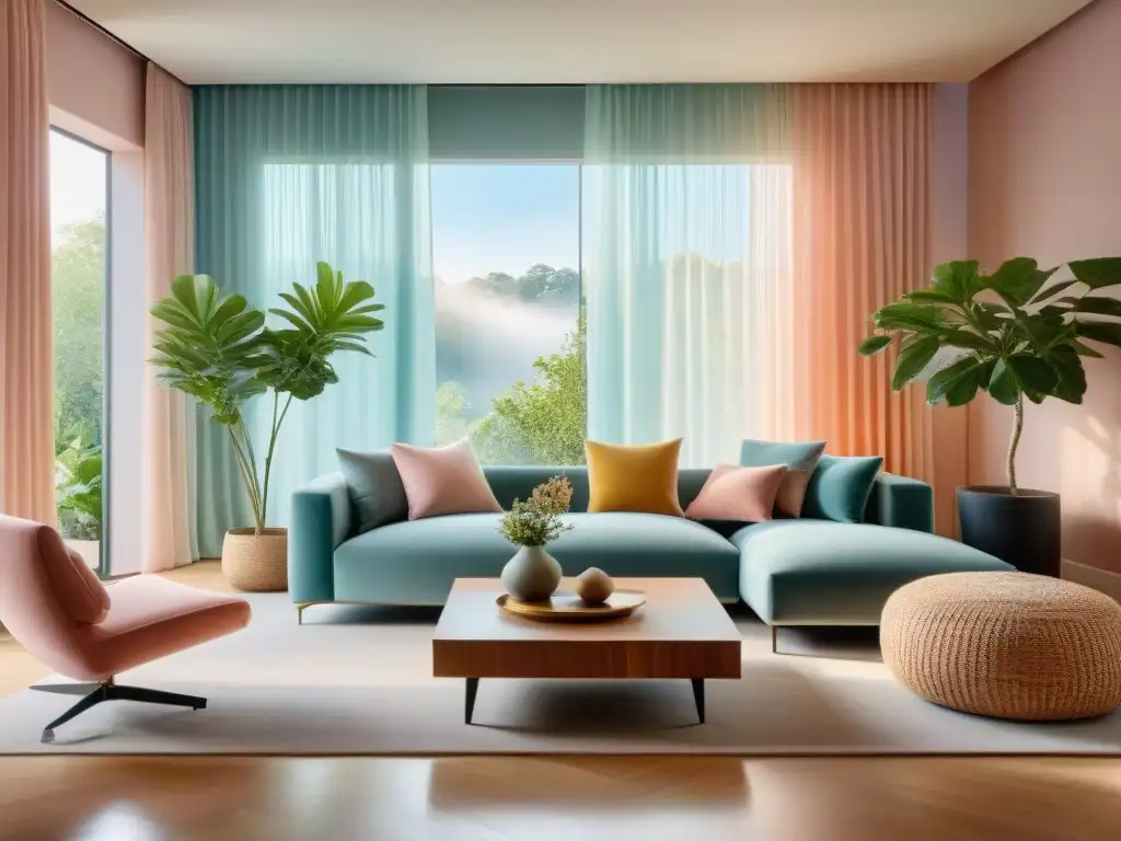 Un salón armonioso con colores aura en decoración de interiores, transmitiendo paz y positividad