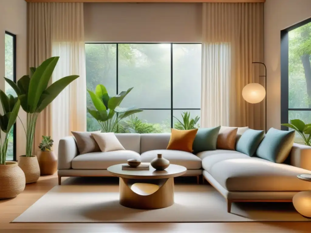 Salón armonioso y equilibrado según Feng Shui Salón armonioso con Feng Shui: muebles equilibrados, elementos naturales y luz suave crean un ambiente tranquilo