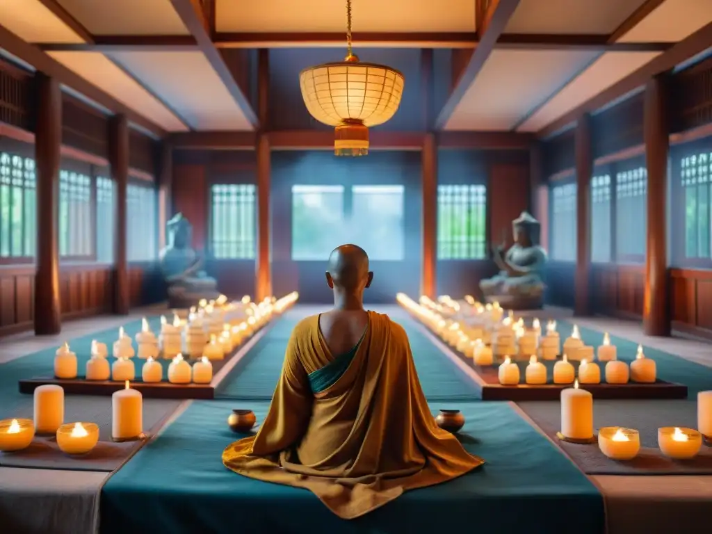 Un salón de meditación budista con practicantes en profunda contemplación, rodeados de velas e incienso