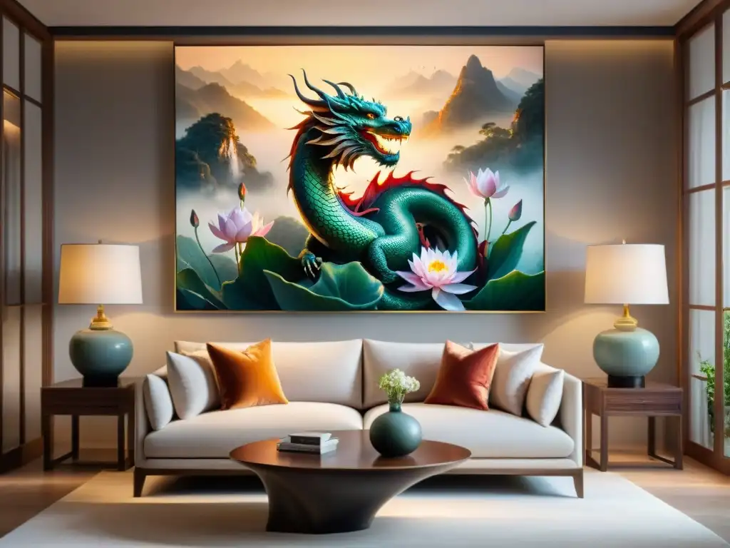 Salón contemporáneo con arte chino decoración moderna en tonos neutros y un majestuoso dragón