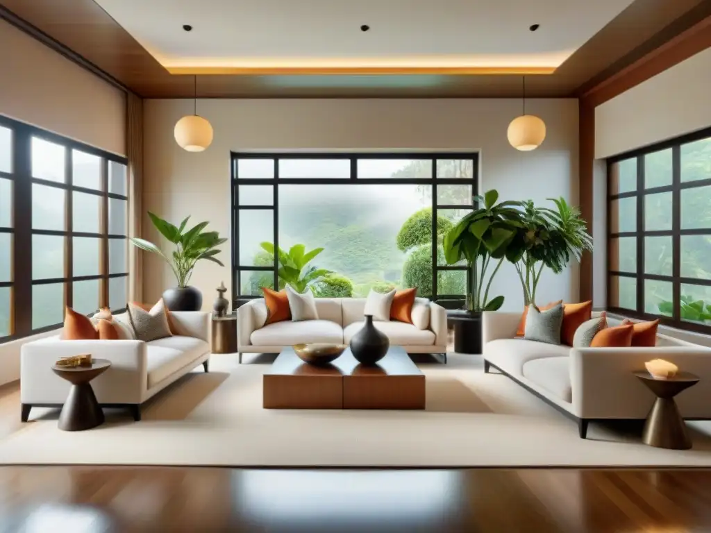 Diseño Feng Shui: Sala armoniosa y serena Un salón bellamente diseñado con armonía en el hogar con Feng Shui: equilibrio de colores, luz natural, plantas y arte