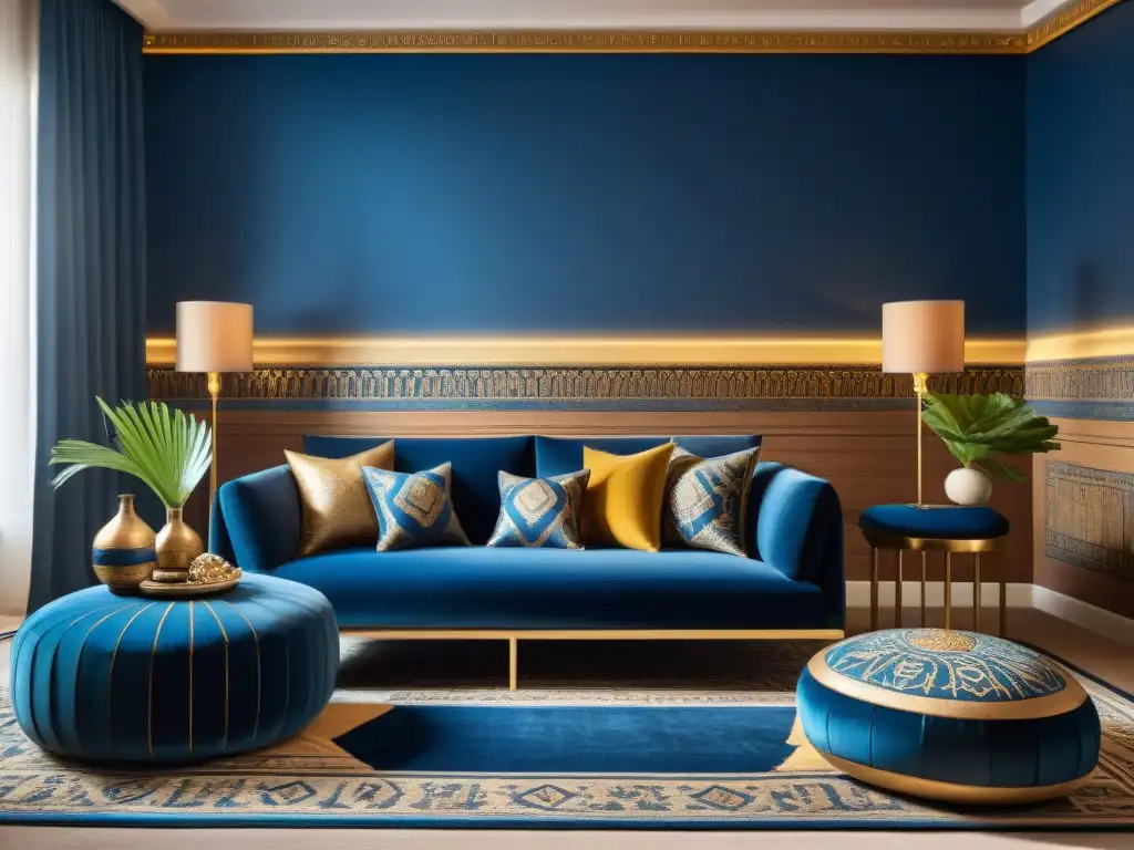 Un salón lujoso con textiles y decoración egipcia, en azul y dorado