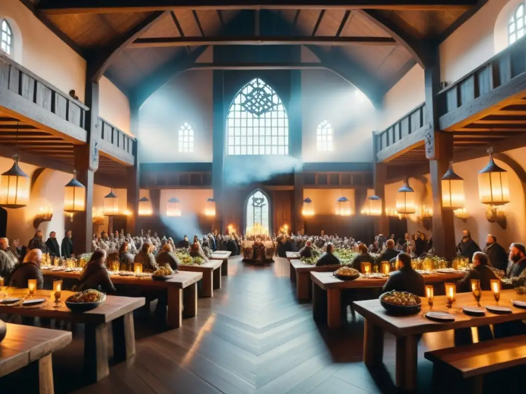 Salón majestuoso de Valhalla con guerreros en un banquete, evocando 'Visiones del juicio final antiguas'