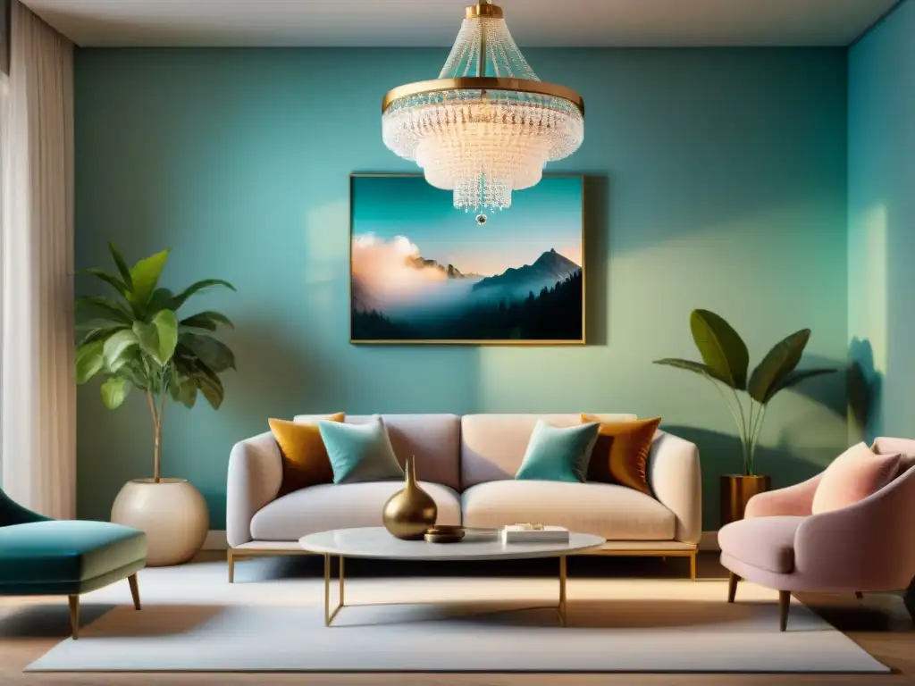 Un salón minimalista y sereno con colores aura en su decoración interior