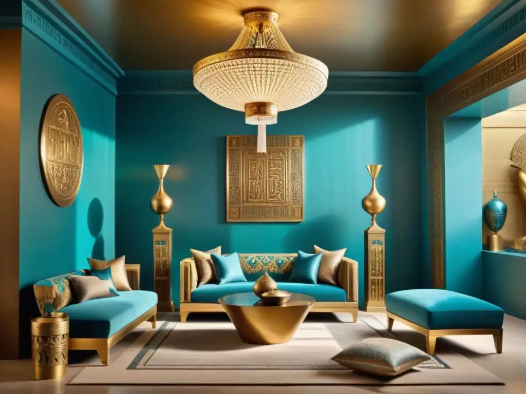 Un salón moderno con decoración inspirada en Egipto, destacando paletas de colores inspiradas en Egipto y muebles lujosos