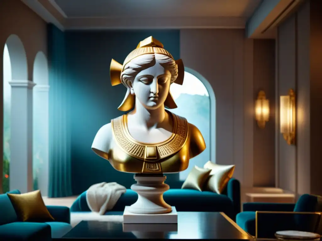 Salón moderno con decoración inspirada en dioses griegos Salón moderno con decoración inspirada en dioses griegos y busto de Atenea en mármol