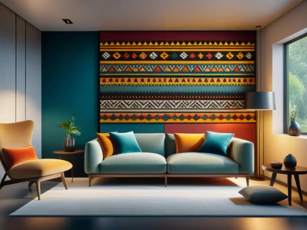 Salón moderno con diseños Incas en pared: fusión de Arte Inca en arquitectura moderna