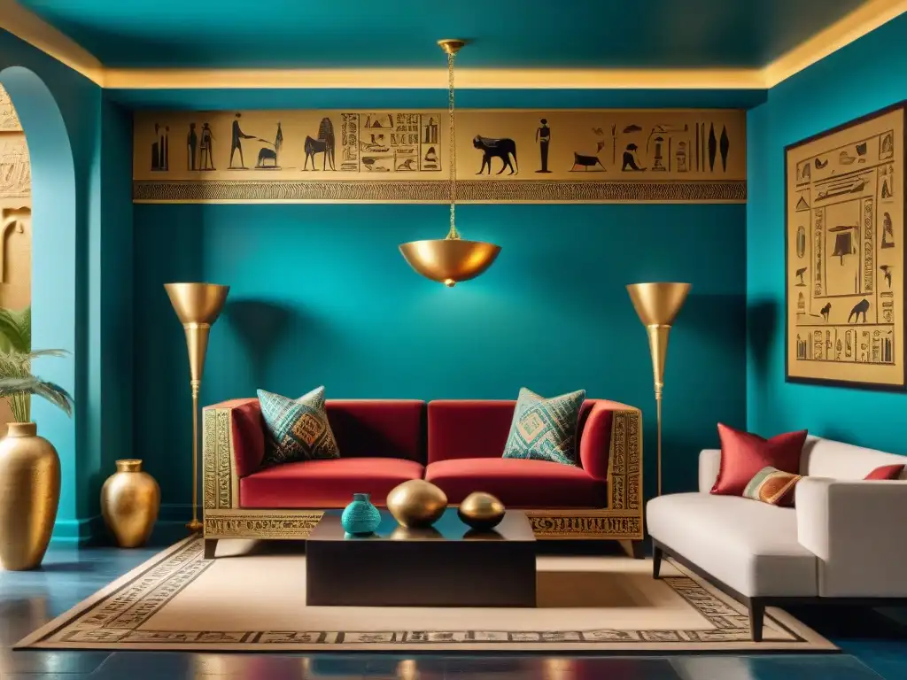 Un salón moderno inspirado en paletas de colores inspiradas en Egipto, con un sofá dorado, mesa negra con jeroglíficos y paredes turquesa